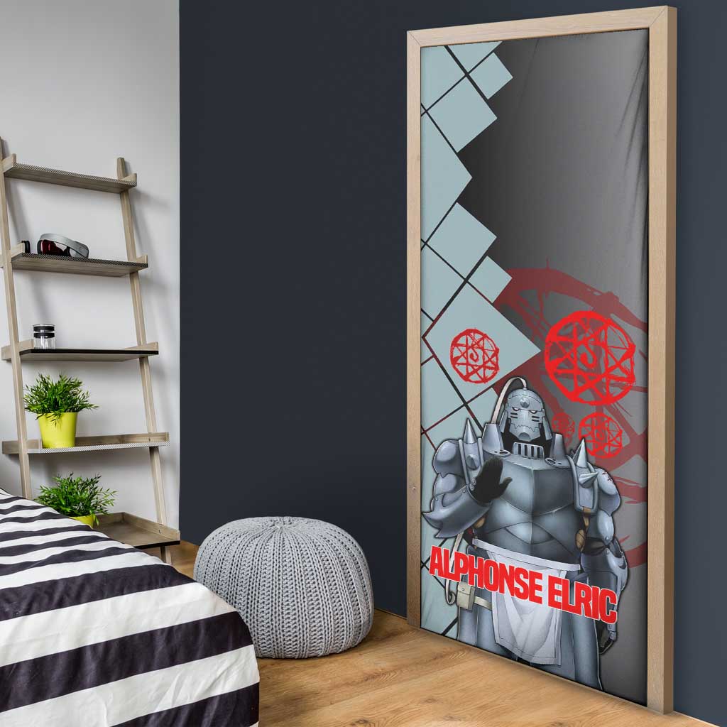 Alphonse Elric Fullmetal Alchemist Door Cover with Armored Form and Protective Battle Pose Design - The Mazicc