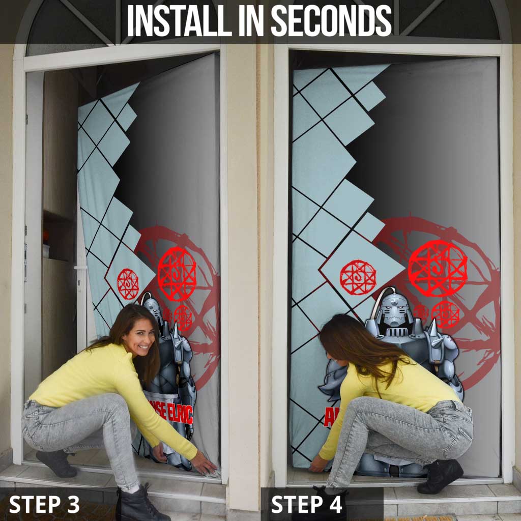 Alphonse Elric Fullmetal Alchemist Door Cover with Armored Form and Protective Battle Pose Design - The Mazicc