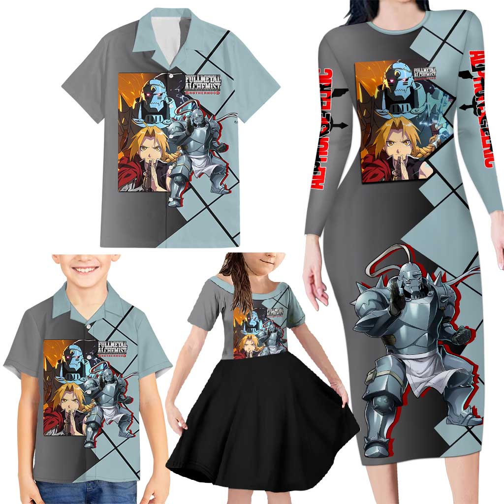 Alphonse Elric Fullmetal Alchemist Family Matching Long Sleeve Bodycon Dress and Hawaiian Shirt with Armored Form and Protective Battle Pose Design - The Mazicc