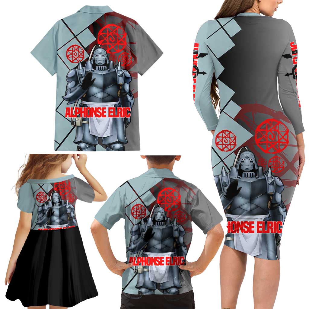 Alphonse Elric Fullmetal Alchemist Family Matching Long Sleeve Bodycon Dress and Hawaiian Shirt with Armored Form and Protective Battle Pose Design - The Mazicc