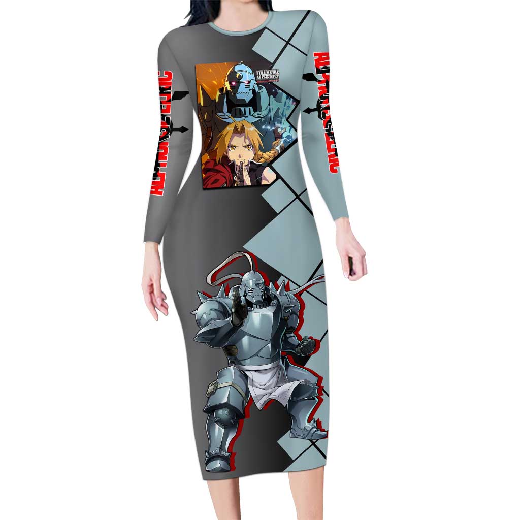 Alphonse Elric Fullmetal Alchemist Family Matching Long Sleeve Bodycon Dress and Hawaiian Shirt with Armored Form and Protective Battle Pose Design - The Mazicc