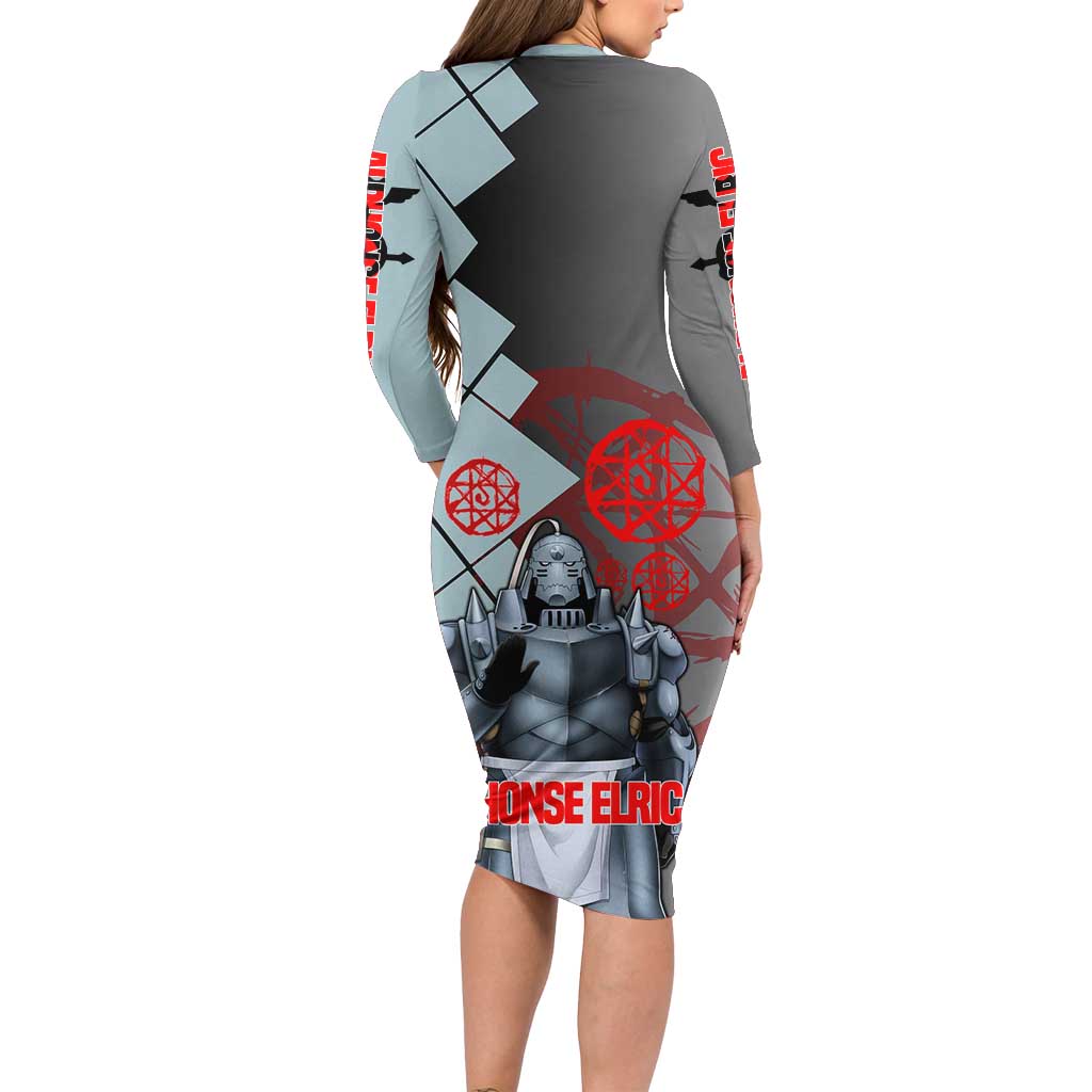 Alphonse Elric Fullmetal Alchemist Family Matching Long Sleeve Bodycon Dress and Hawaiian Shirt with Armored Form and Protective Battle Pose Design - The Mazicc
