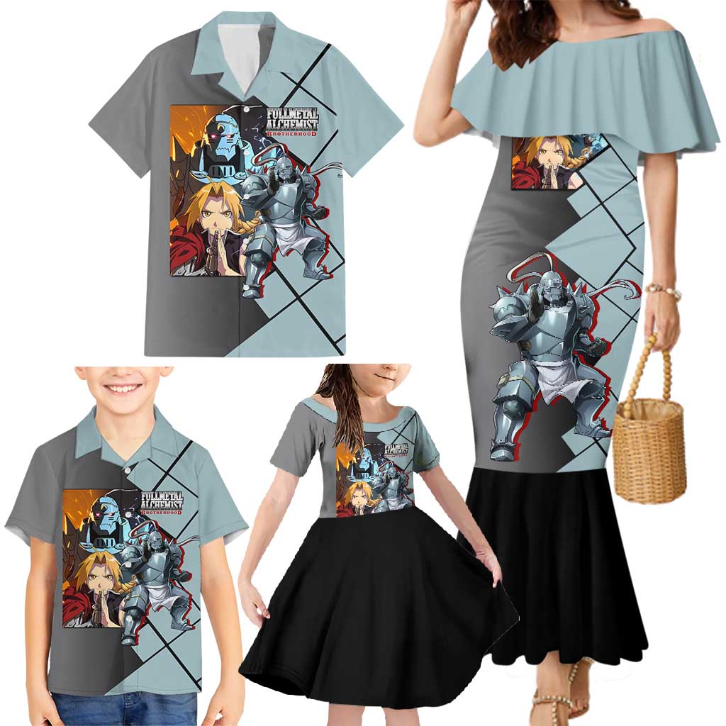 Alphonse Elric Fullmetal Alchemist Family Matching Mermaid Dress and Hawaiian Shirt with Armored Form and Protective Battle Pose Design - The Mazicc
