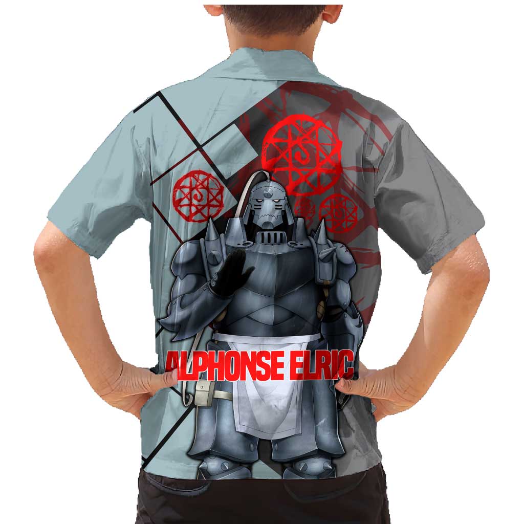 Alphonse Elric Fullmetal Alchemist Family Matching Mermaid Dress and Hawaiian Shirt with Armored Form and Protective Battle Pose Design - The Mazicc