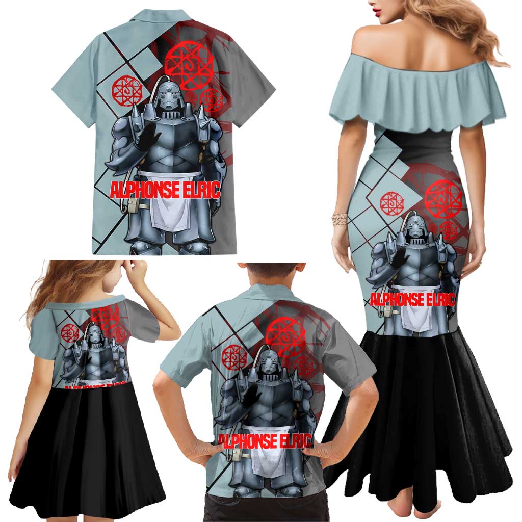 Alphonse Elric Fullmetal Alchemist Family Matching Mermaid Dress and Hawaiian Shirt with Armored Form and Protective Battle Pose Design - The Mazicc