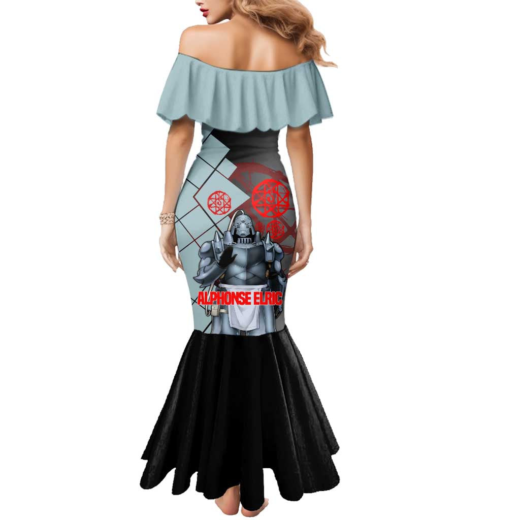 Alphonse Elric Fullmetal Alchemist Family Matching Mermaid Dress and Hawaiian Shirt with Armored Form and Protective Battle Pose Design - The Mazicc