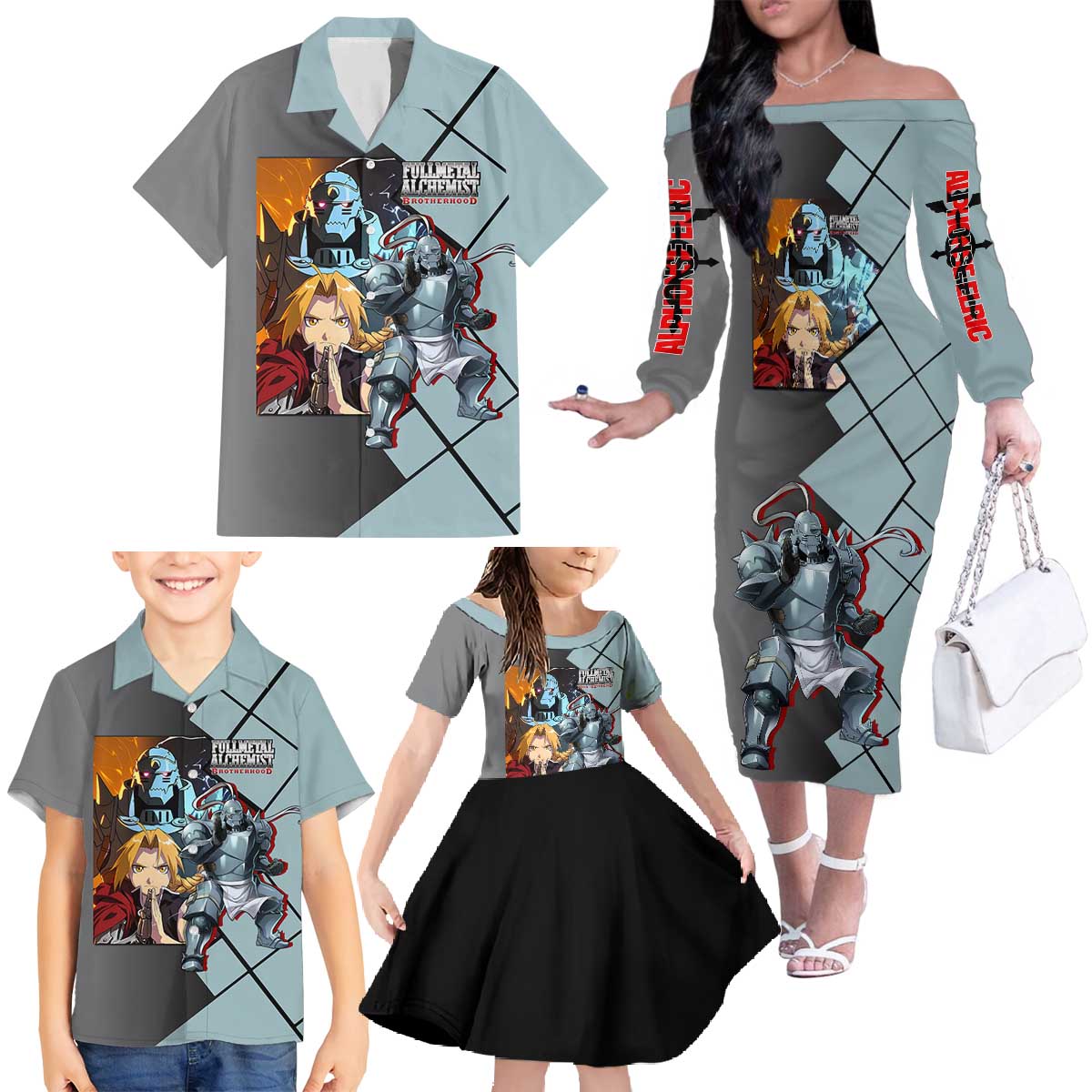 Alphonse Elric Fullmetal Alchemist Family Matching Off The Shoulder Long Sleeve Dress and Hawaiian Shirt with Armored Form and Protective Battle Pose Design - The Mazicc