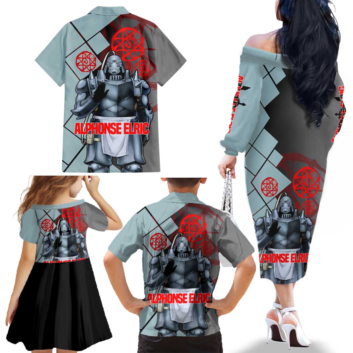 Alphonse Elric Fullmetal Alchemist Family Matching Off The Shoulder Long Sleeve Dress and Hawaiian Shirt with Armored Form and Protective Battle Pose Design - The Mazicc