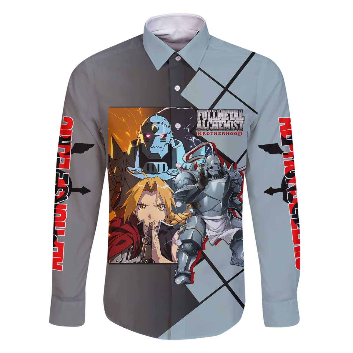 Alphonse Elric Fullmetal Alchemist Family Matching Off The Shoulder Long Sleeve Dress and Hawaiian Shirt with Armored Form and Protective Battle Pose Design - The Mazicc