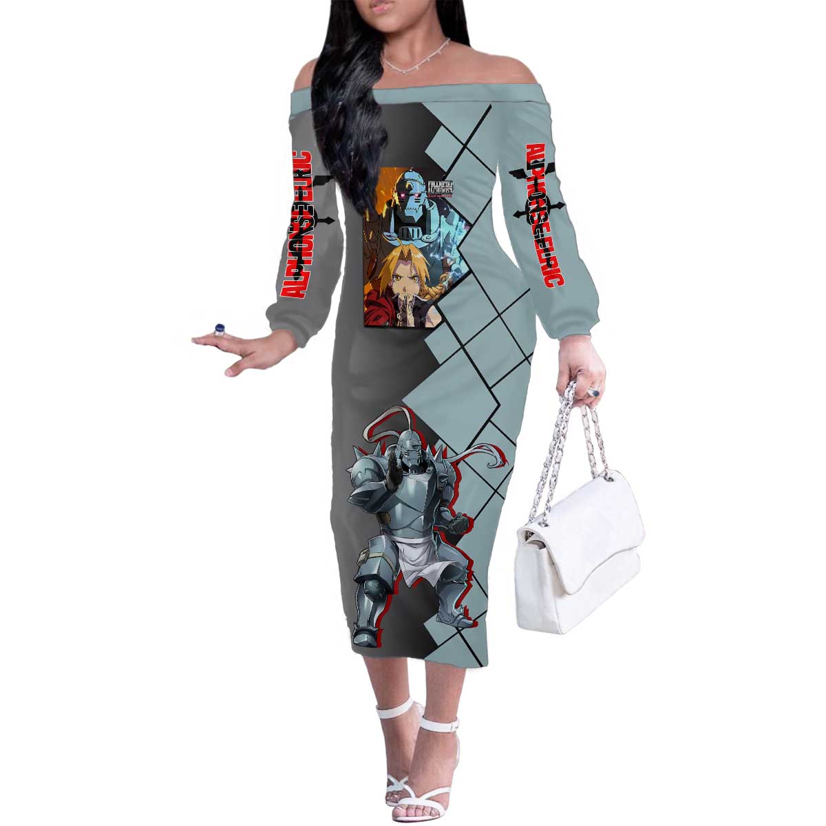 Alphonse Elric Fullmetal Alchemist Family Matching Off The Shoulder Long Sleeve Dress and Hawaiian Shirt with Armored Form and Protective Battle Pose Design - The Mazicc
