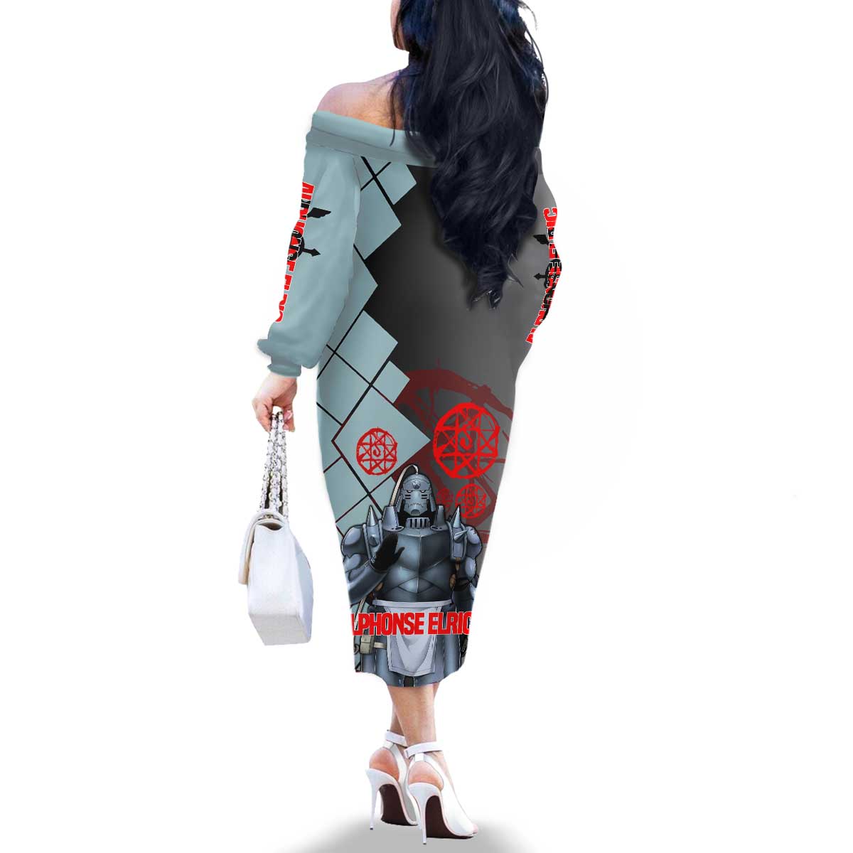 Alphonse Elric Fullmetal Alchemist Family Matching Off The Shoulder Long Sleeve Dress and Hawaiian Shirt with Armored Form and Protective Battle Pose Design - The Mazicc