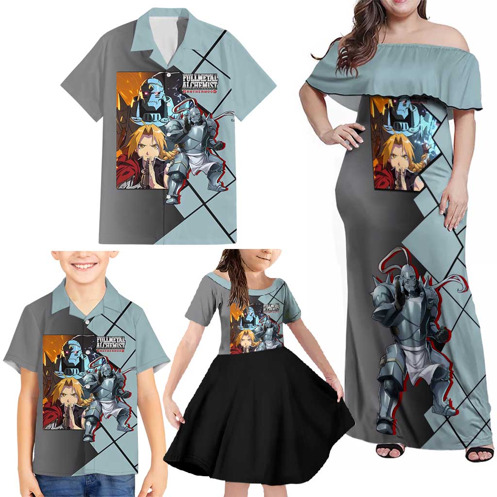 Alphonse Elric Fullmetal Alchemist Family Matching Off Shoulder Maxi Dress and Hawaiian Shirt with Armored Form and Protective Battle Pose Design - The Mazicc