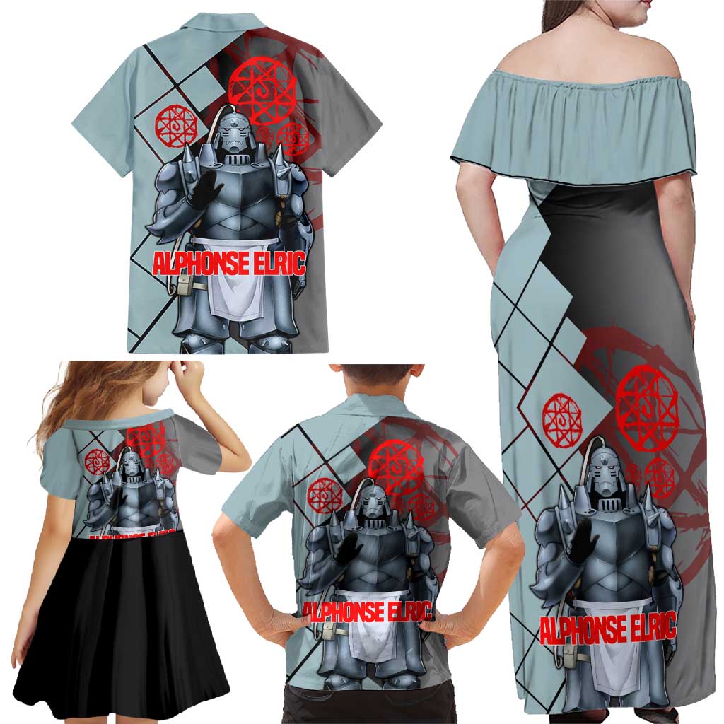 Alphonse Elric Fullmetal Alchemist Family Matching Off Shoulder Maxi Dress and Hawaiian Shirt with Armored Form and Protective Battle Pose Design - The Mazicc