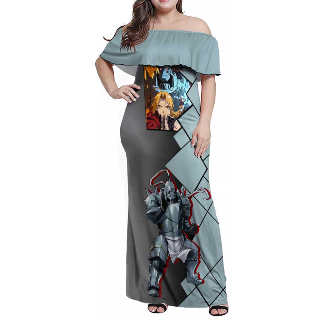 Alphonse Elric Fullmetal Alchemist Family Matching Off Shoulder Maxi Dress and Hawaiian Shirt with Armored Form and Protective Battle Pose Design - The Mazicc
