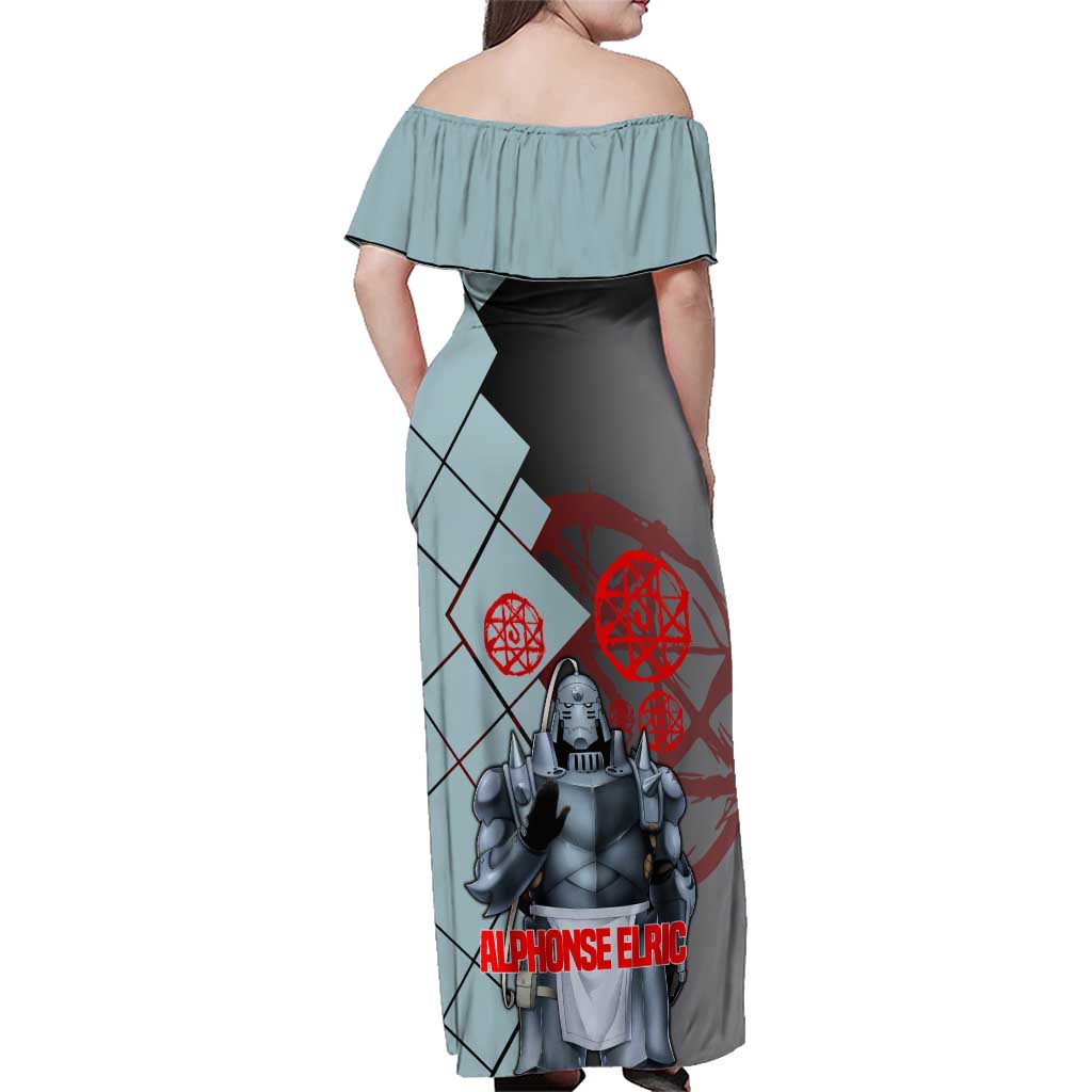 Alphonse Elric Fullmetal Alchemist Family Matching Off Shoulder Maxi Dress and Hawaiian Shirt with Armored Form and Protective Battle Pose Design - The Mazicc