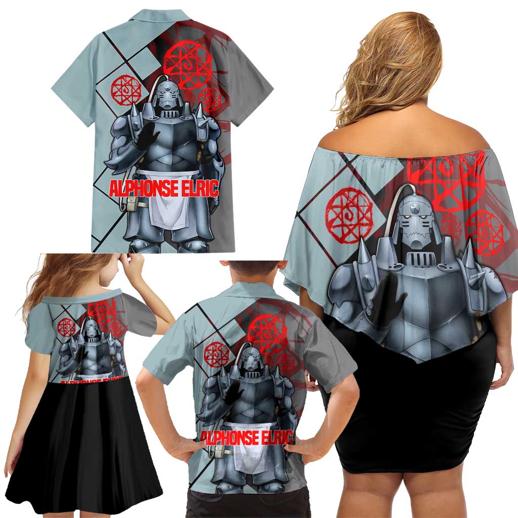 Alphonse Elric Fullmetal Alchemist Family Matching Off Shoulder Short Dress and Hawaiian Shirt with Armored Form and Protective Battle Pose Design - The Mazicc