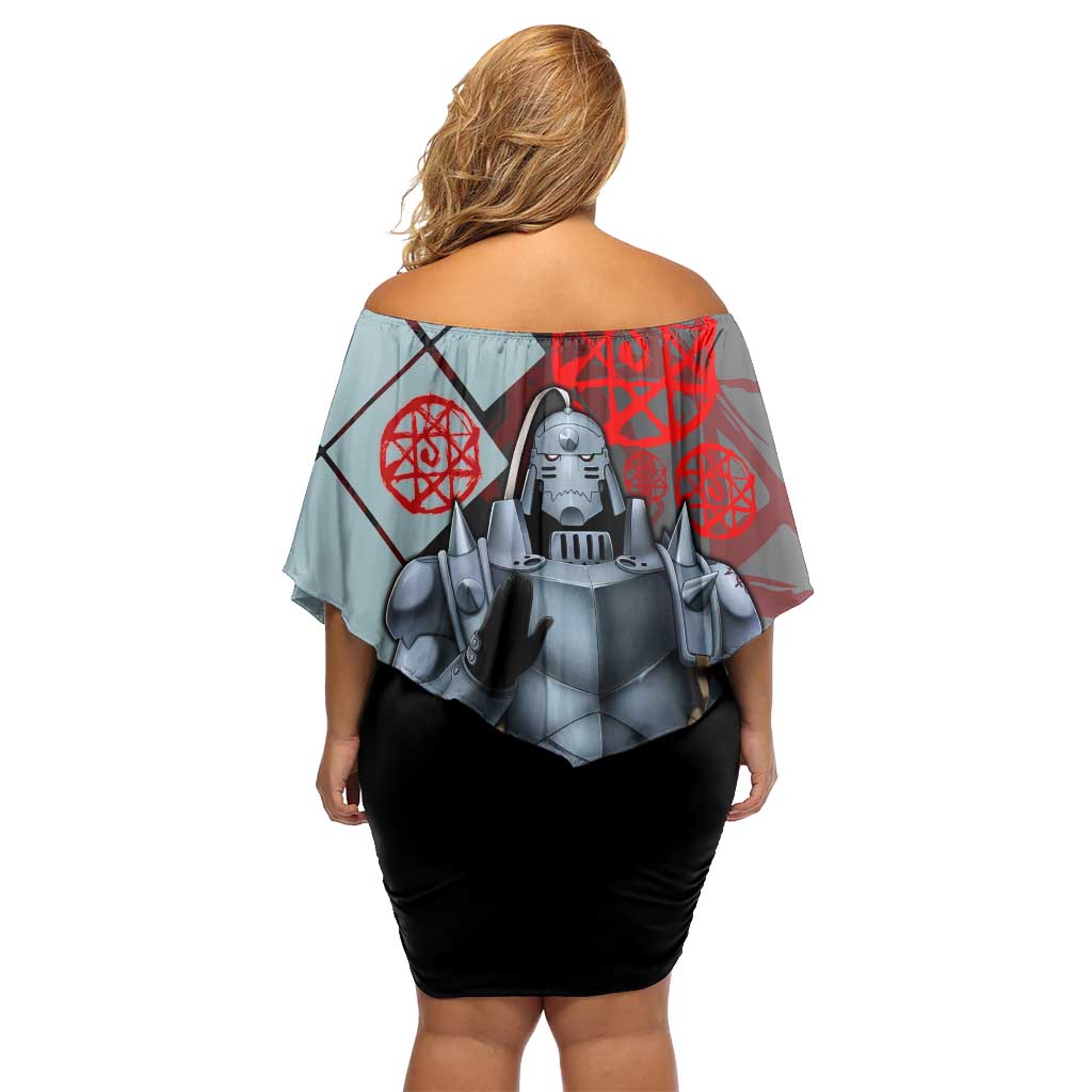 Alphonse Elric Fullmetal Alchemist Family Matching Off Shoulder Short Dress and Hawaiian Shirt with Armored Form and Protective Battle Pose Design - The Mazicc