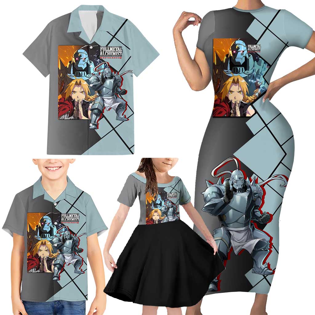 Alphonse Elric Fullmetal Alchemist Family Matching Short Sleeve Bodycon Dress and Hawaiian Shirt with Armored Form and Protective Battle Pose Design - The Mazicc