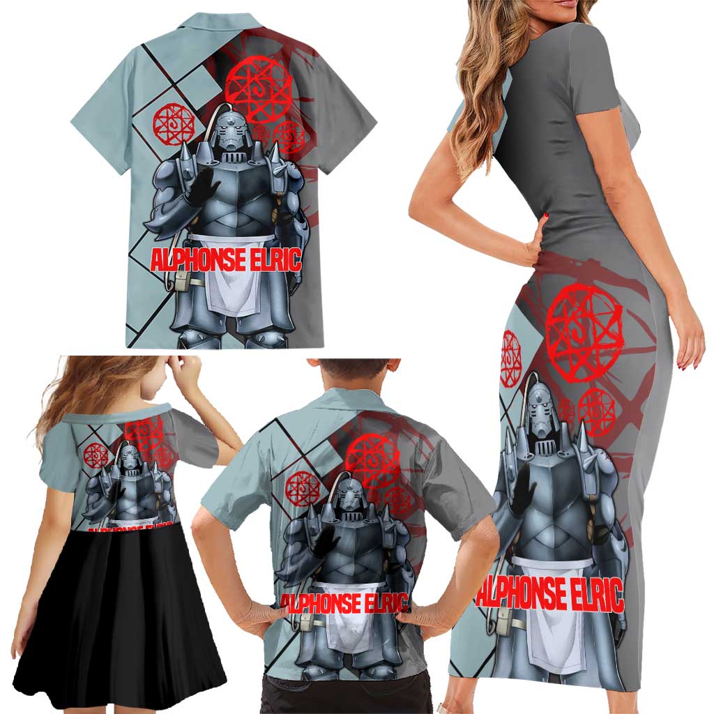 Alphonse Elric Fullmetal Alchemist Family Matching Short Sleeve Bodycon Dress and Hawaiian Shirt with Armored Form and Protective Battle Pose Design - The Mazicc