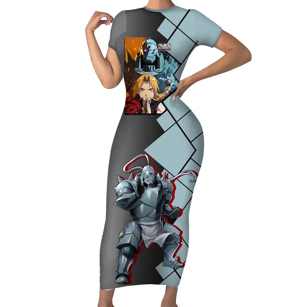 Alphonse Elric Fullmetal Alchemist Family Matching Short Sleeve Bodycon Dress and Hawaiian Shirt with Armored Form and Protective Battle Pose Design - The Mazicc