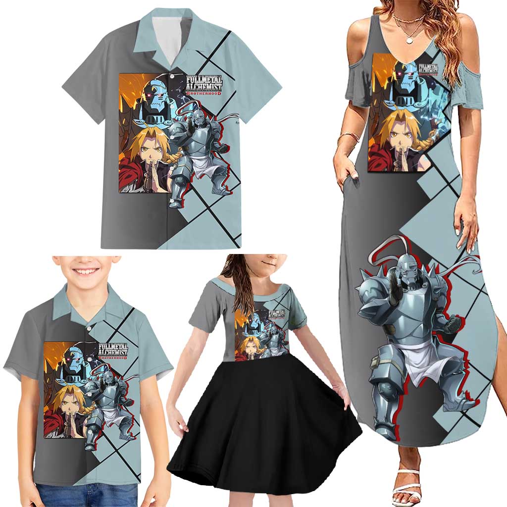 Alphonse Elric Fullmetal Alchemist Family Matching Summer Maxi Dress and Hawaiian Shirt with Armored Form and Protective Battle Pose Design - The Mazicc