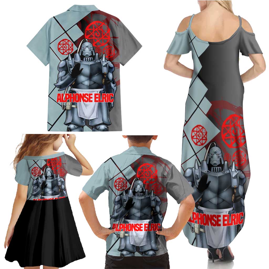 Alphonse Elric Fullmetal Alchemist Family Matching Summer Maxi Dress and Hawaiian Shirt with Armored Form and Protective Battle Pose Design - The Mazicc