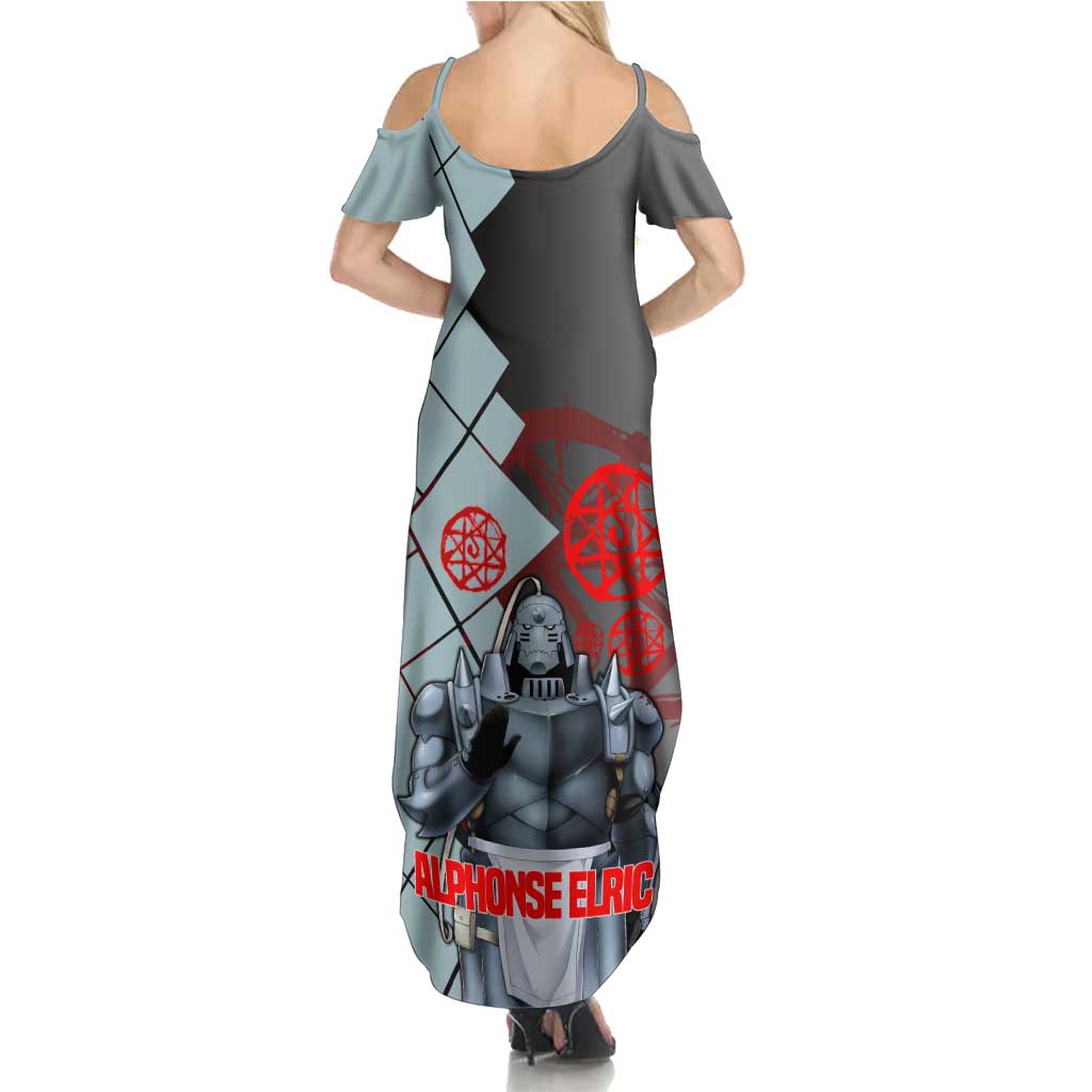 Alphonse Elric Fullmetal Alchemist Family Matching Summer Maxi Dress and Hawaiian Shirt with Armored Form and Protective Battle Pose Design - The Mazicc
