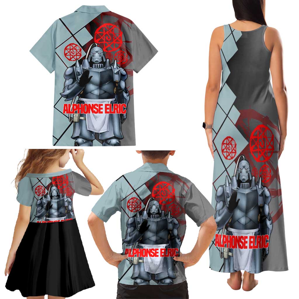 Alphonse Elric Fullmetal Alchemist Family Matching Tank Maxi Dress and Hawaiian Shirt with Armored Form and Protective Battle Pose Design - The Mazicc