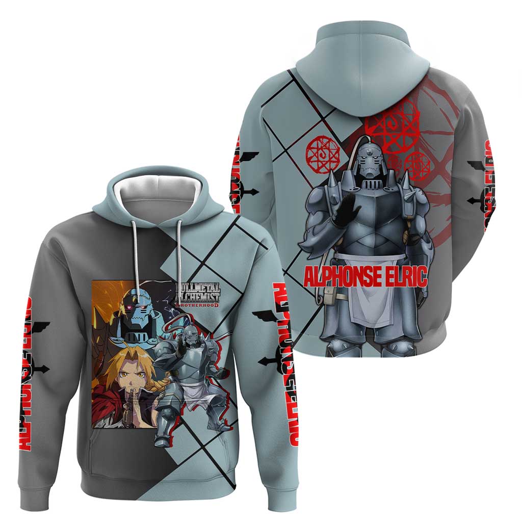 Alphonse Elric Fullmetal Alchemist Hoodie with Armored Form and Protective Battle Pose Design - The Mazicc