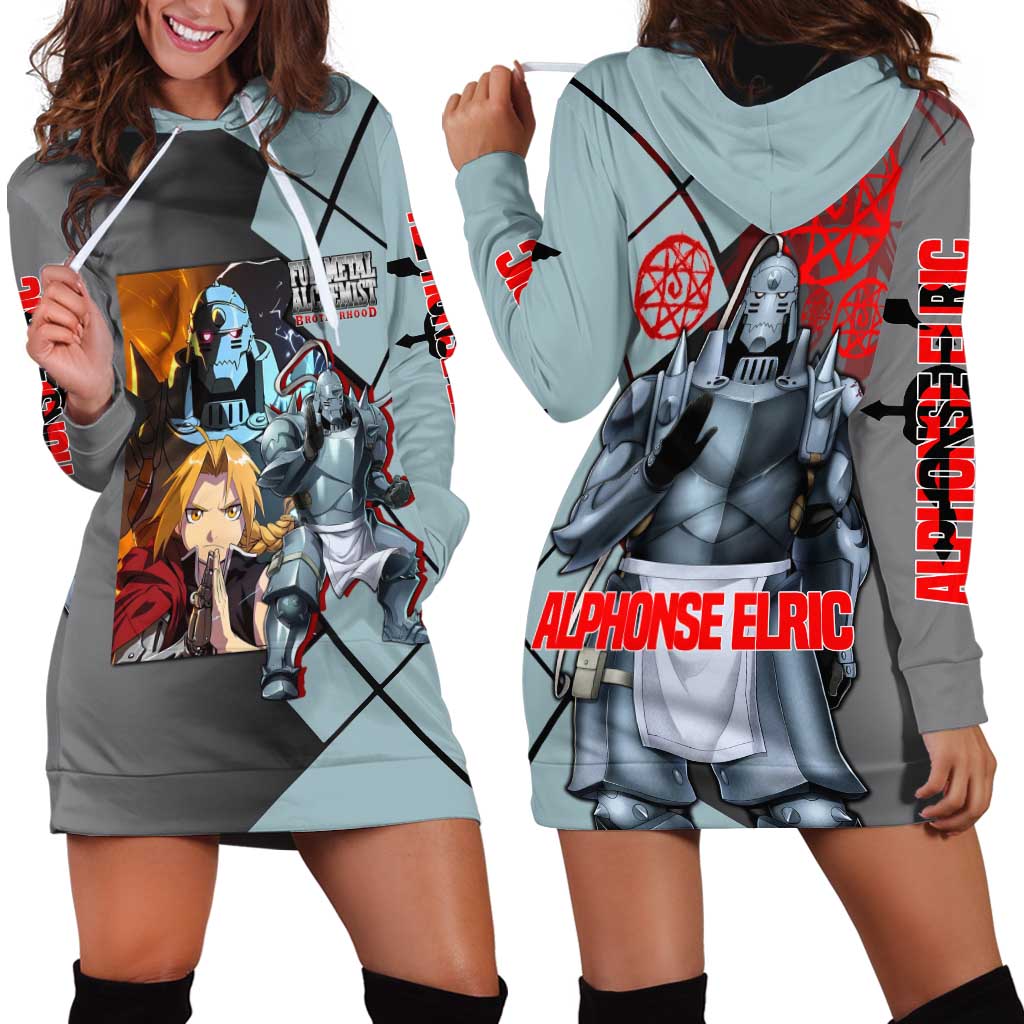 Alphonse Elric Fullmetal Alchemist Hoodie Dress with Armored Form and Protective Battle Pose Design - The Mazicc