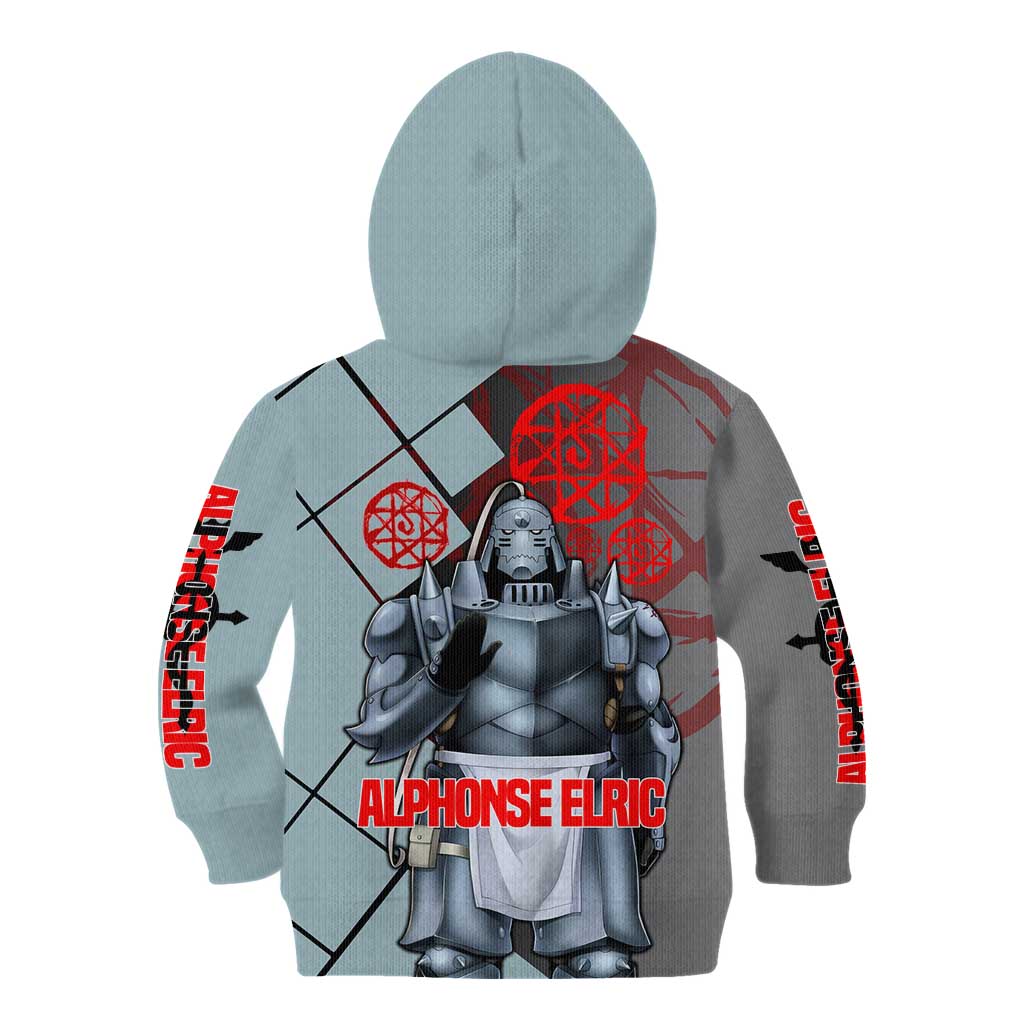 Alphonse Elric Fullmetal Alchemist Kid Hoodie with Armored Form and Protective Battle Pose Design - The Mazicc