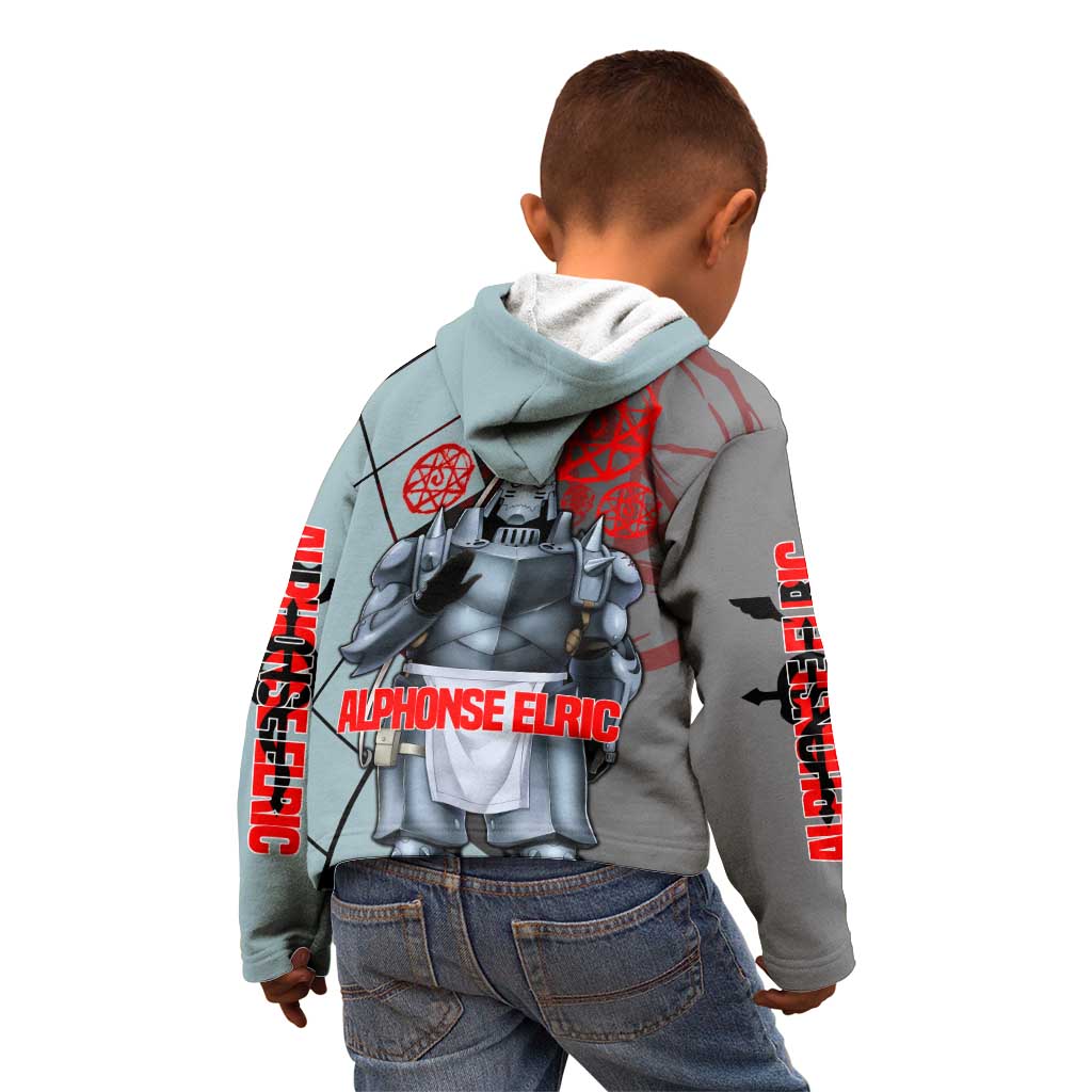 Alphonse Elric Fullmetal Alchemist Kid Hoodie with Armored Form and Protective Battle Pose Design - The Mazicc