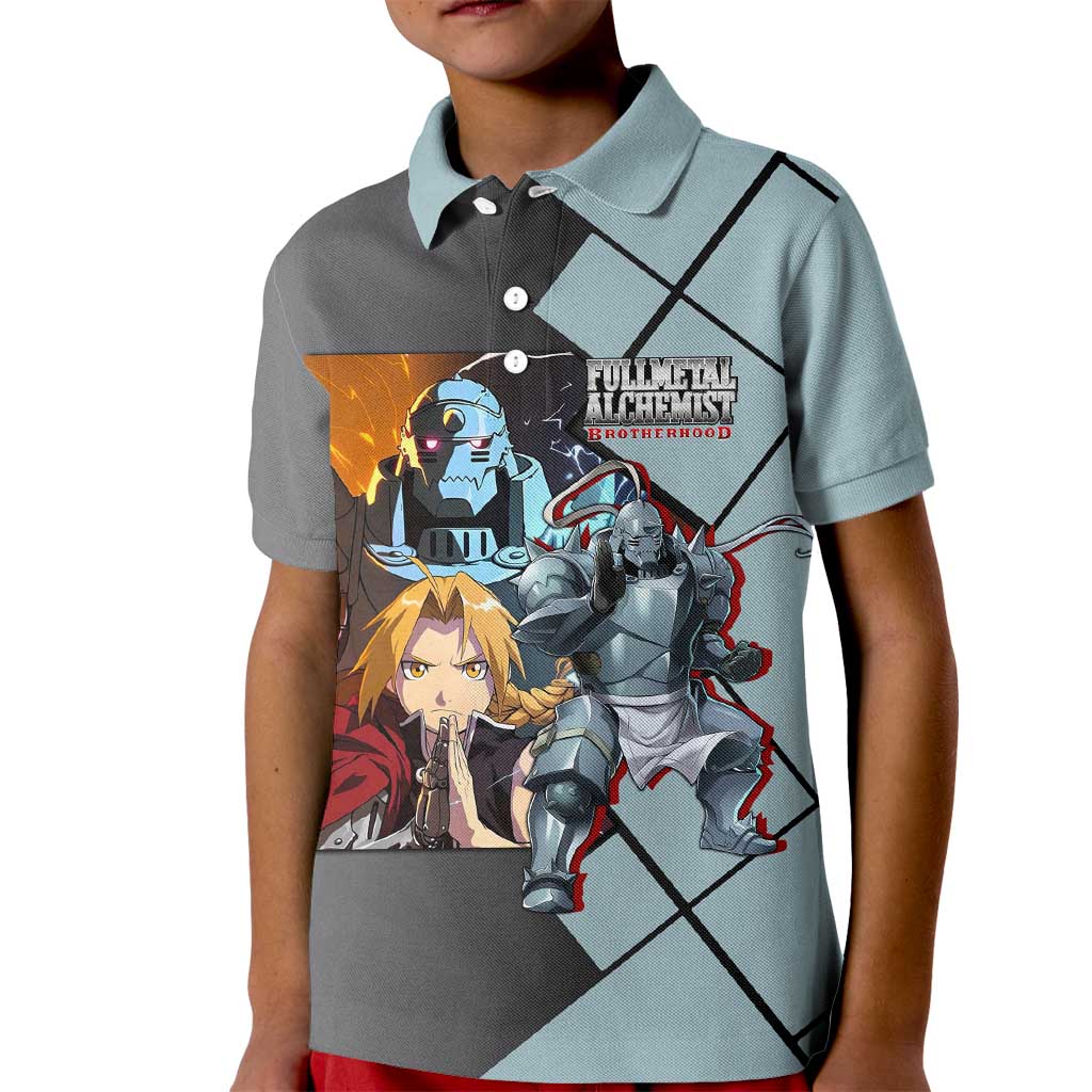 Alphonse Elric Fullmetal Alchemist Kid Polo Shirt with Armored Form and Protective Battle Pose Design - The Mazicc