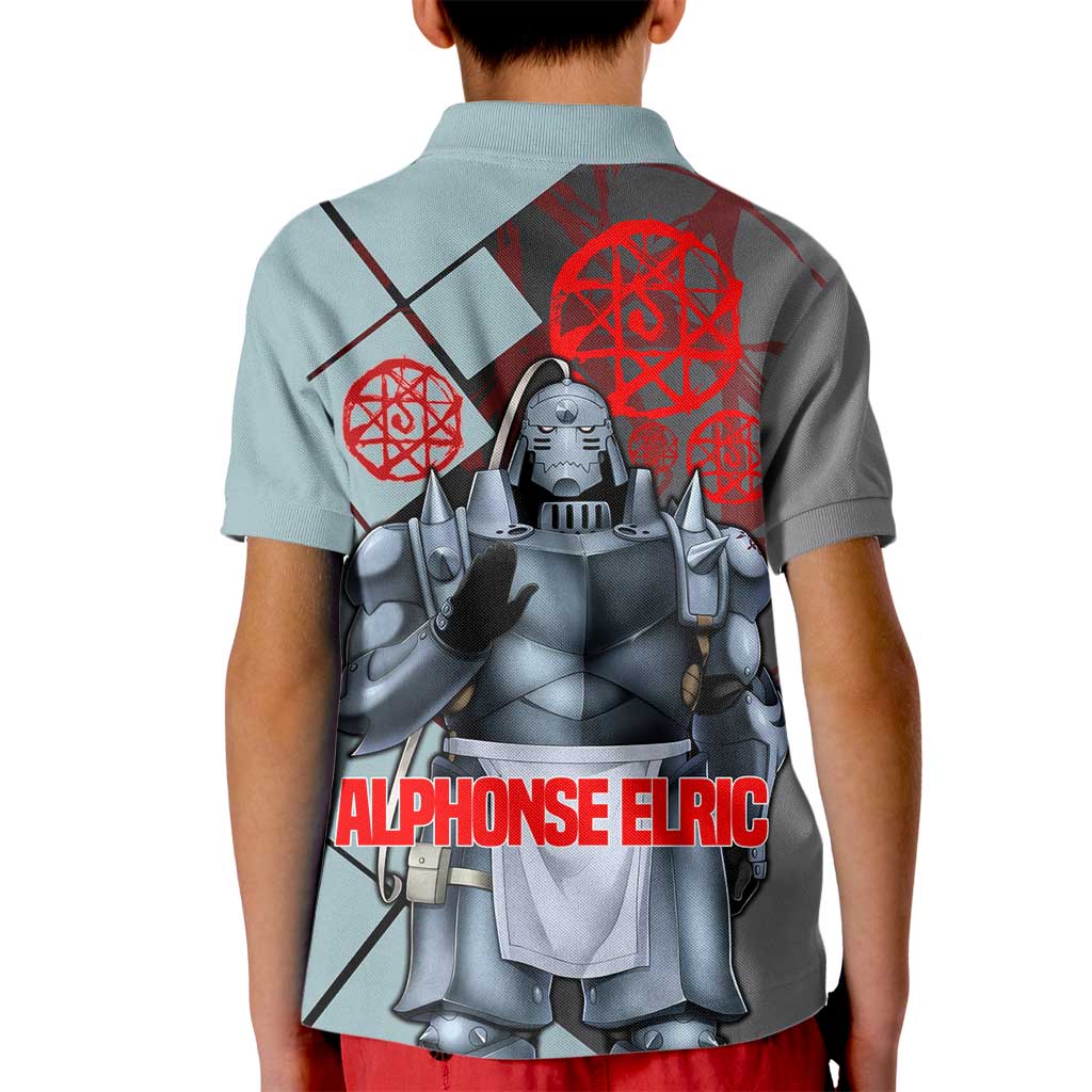 Alphonse Elric Fullmetal Alchemist Kid Polo Shirt with Armored Form and Protective Battle Pose Design - The Mazicc