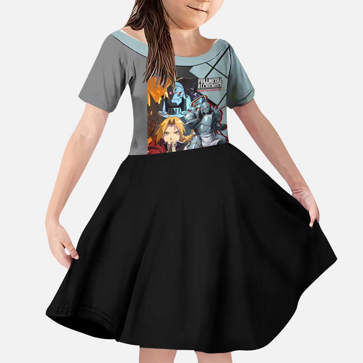 Alphonse Elric Fullmetal Alchemist Kid Short Sleeve Dress with Armored Form and Protective Battle Pose Design - The Mazicc