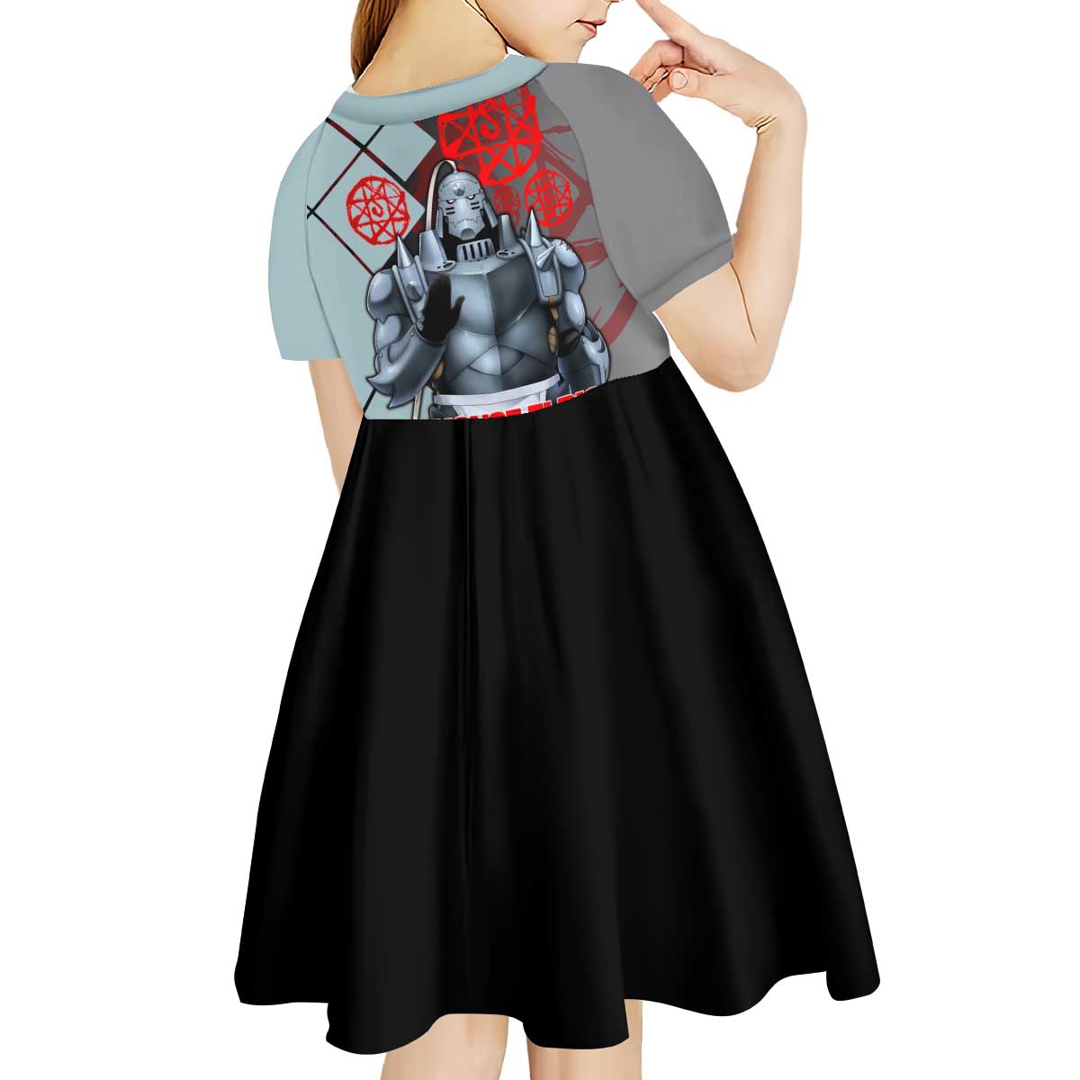 Alphonse Elric Fullmetal Alchemist Kid Short Sleeve Dress with Armored Form and Protective Battle Pose Design - The Mazicc