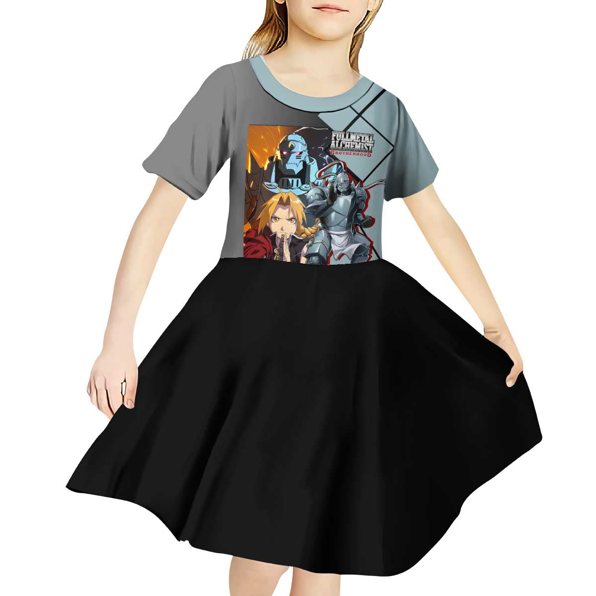 Alphonse Elric Fullmetal Alchemist Kid Short Sleeve Dress with Armored Form and Protective Battle Pose Design - The Mazicc