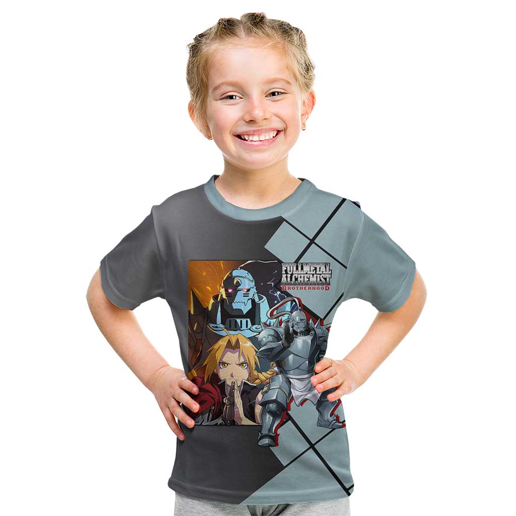Alphonse Elric Fullmetal Alchemist Kid T Shirt with Armored Form and Protective Battle Pose Design - The Mazicc
