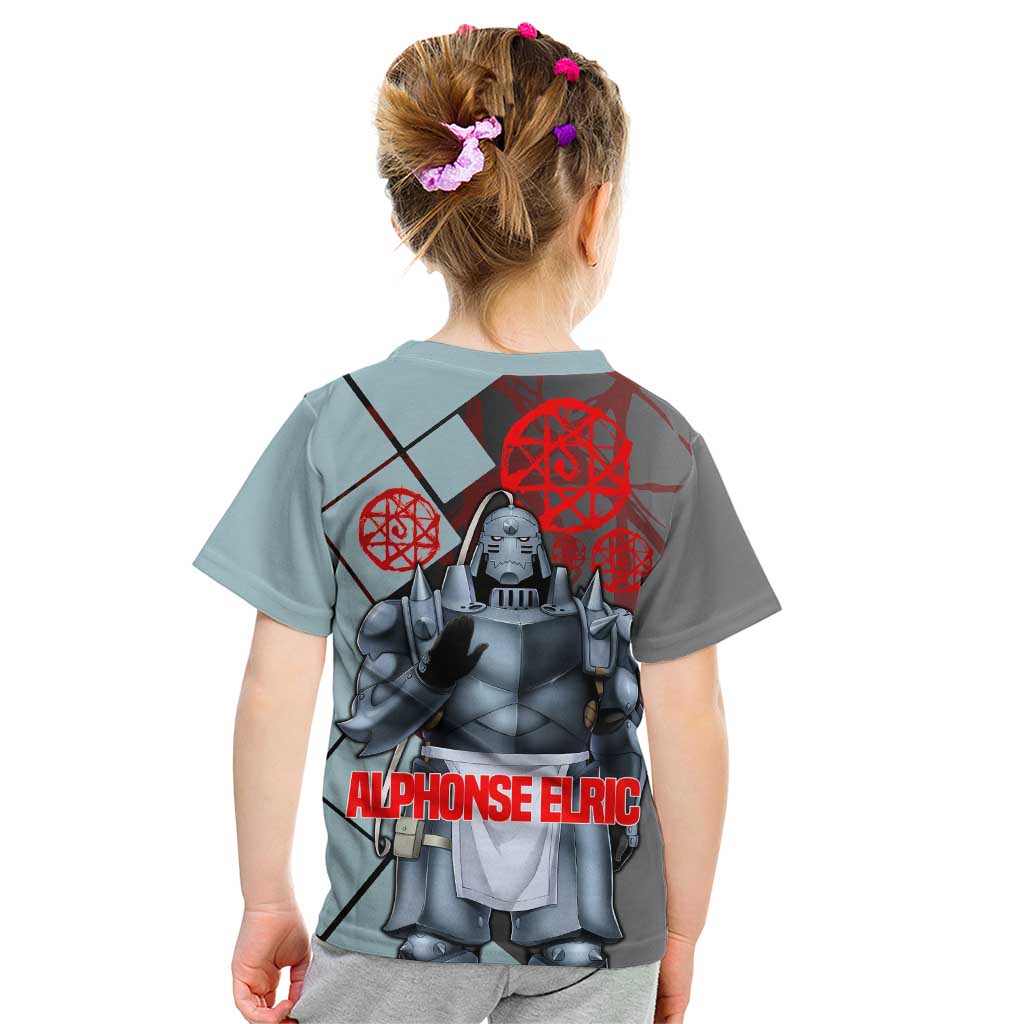 Alphonse Elric Fullmetal Alchemist Kid T Shirt with Armored Form and Protective Battle Pose Design - The Mazicc