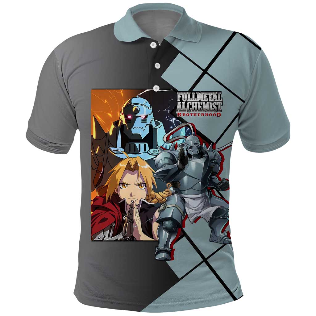 Alphonse Elric Fullmetal Alchemist Polo Shirt with Armored Form and Protective Battle Pose Design - The Mazicc