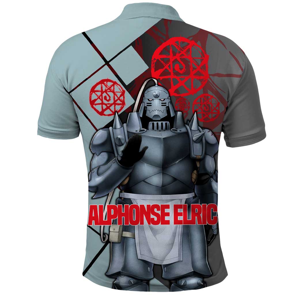 Alphonse Elric Fullmetal Alchemist Polo Shirt with Armored Form and Protective Battle Pose Design - The Mazicc