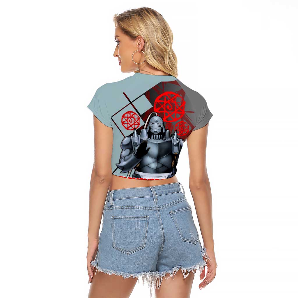 Alphonse Elric Fullmetal Alchemist Raglan Cropped T Shirt with Armored Form and Protective Battle Pose Design - The Mazicc