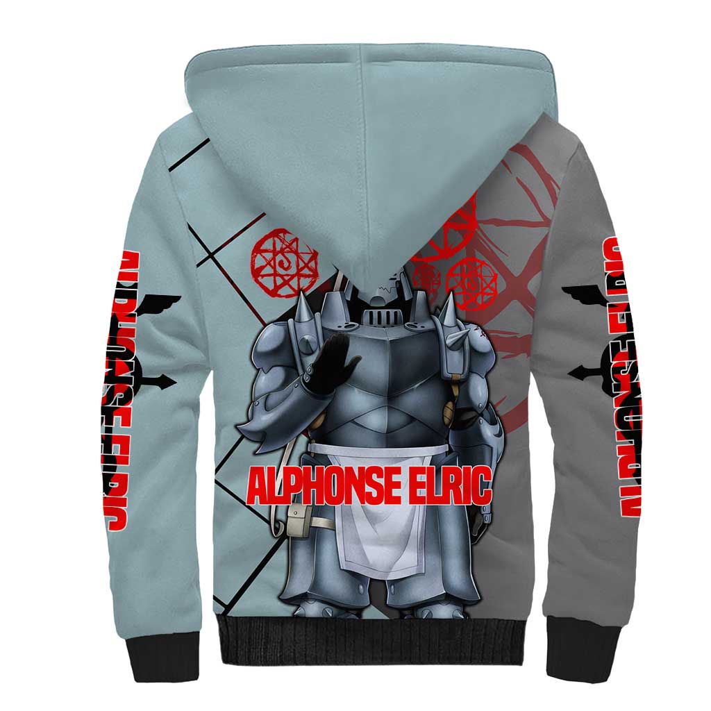 Alphonse Elric Fullmetal Alchemist Sherpa Hoodie with Armored Form and Protective Battle Pose Design - The Mazicc