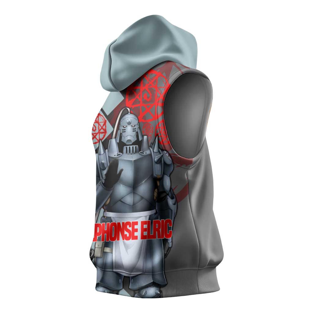 Alphonse Elric Fullmetal Alchemist Sleeveless Hoodie with Armored Form and Protective Battle Pose Design - The Mazicc
