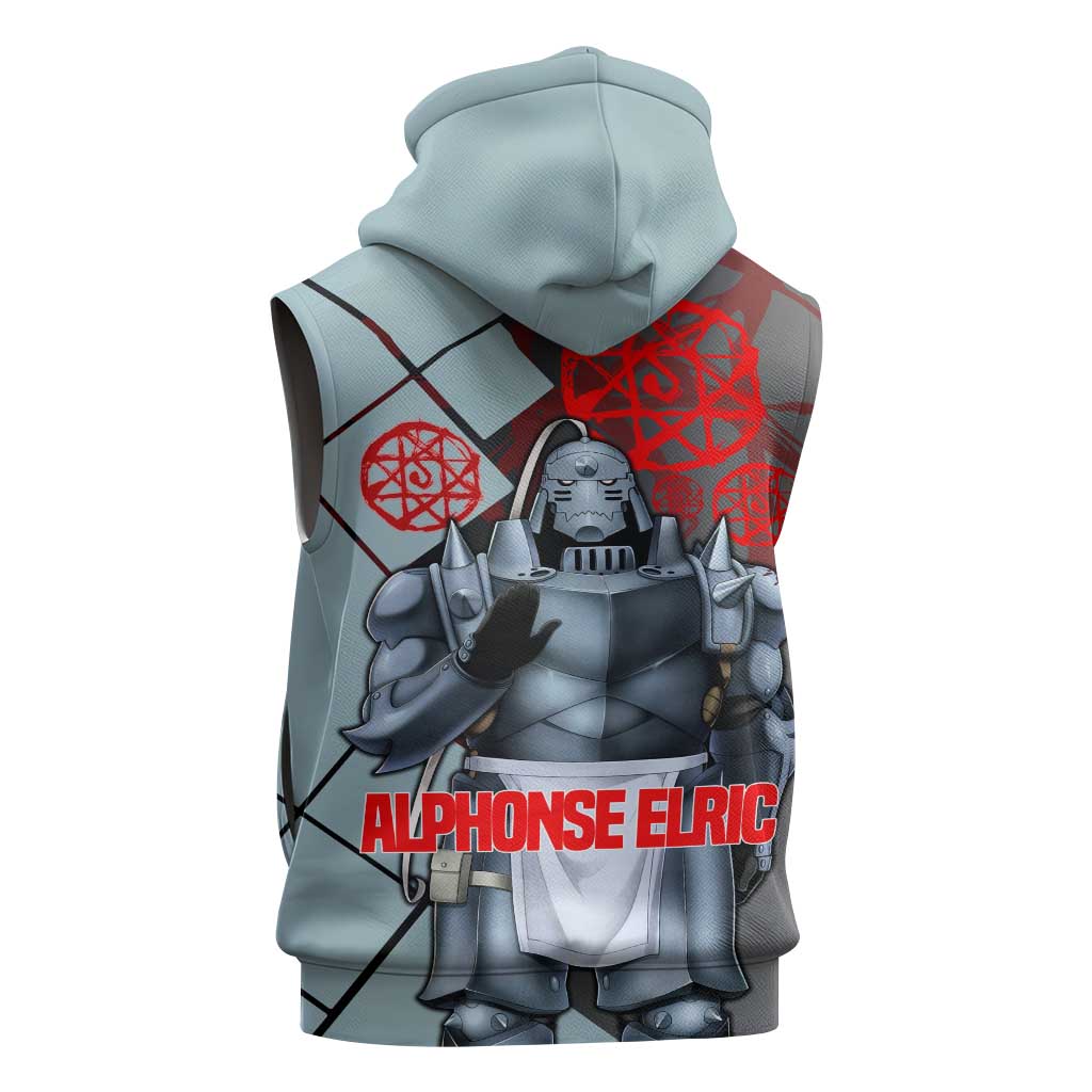 Alphonse Elric Fullmetal Alchemist Sleeveless Zip Hoodie with Armored Form and Protective Battle Pose Design - The Mazicc