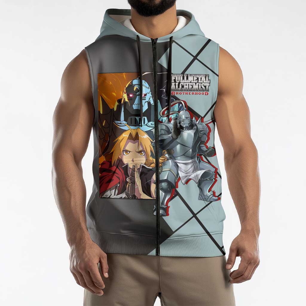 Alphonse Elric Fullmetal Alchemist Sleeveless Zip Hoodie with Armored Form and Protective Battle Pose Design - The Mazicc