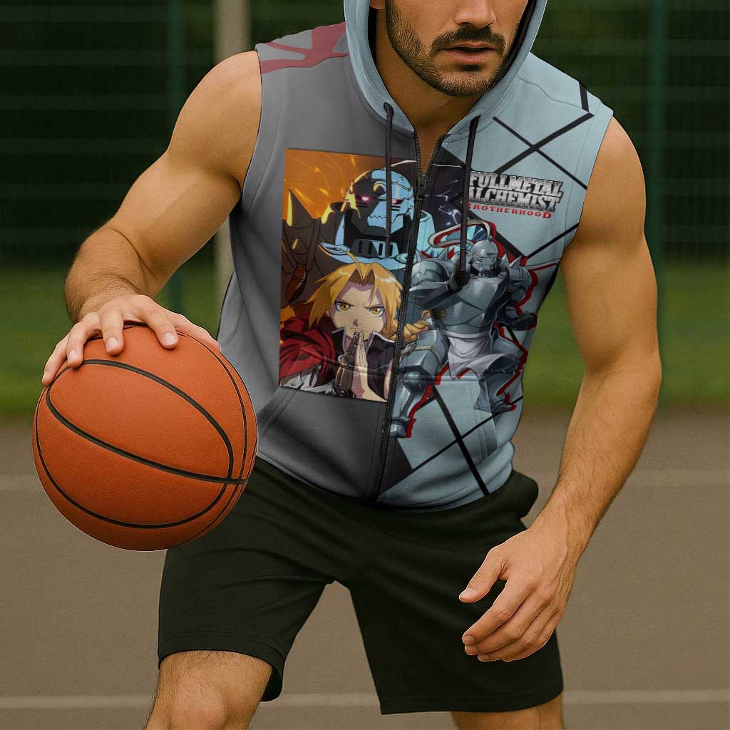 Alphonse Elric Fullmetal Alchemist Sleeveless Zip Hoodie with Armored Form and Protective Battle Pose Design - The Mazicc