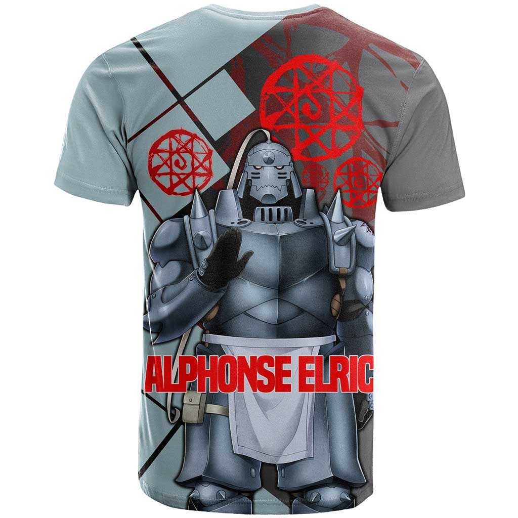 Alphonse Elric Fullmetal Alchemist T Shirt with Armored Form and Protective Battle Pose Design - The Mazicc