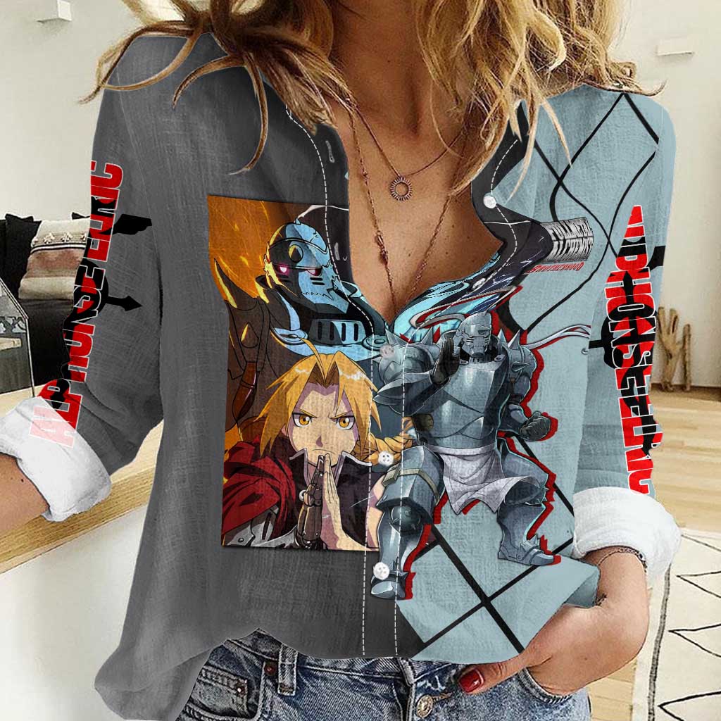 Alphonse Elric Fullmetal Alchemist Women Casual Shirt with Armored Form and Protective Battle Pose Design - The Mazicc