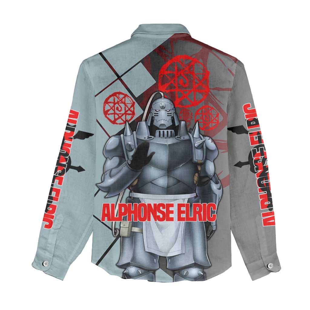 Alphonse Elric Fullmetal Alchemist Women Casual Shirt with Armored Form and Protective Battle Pose Design - The Mazicc
